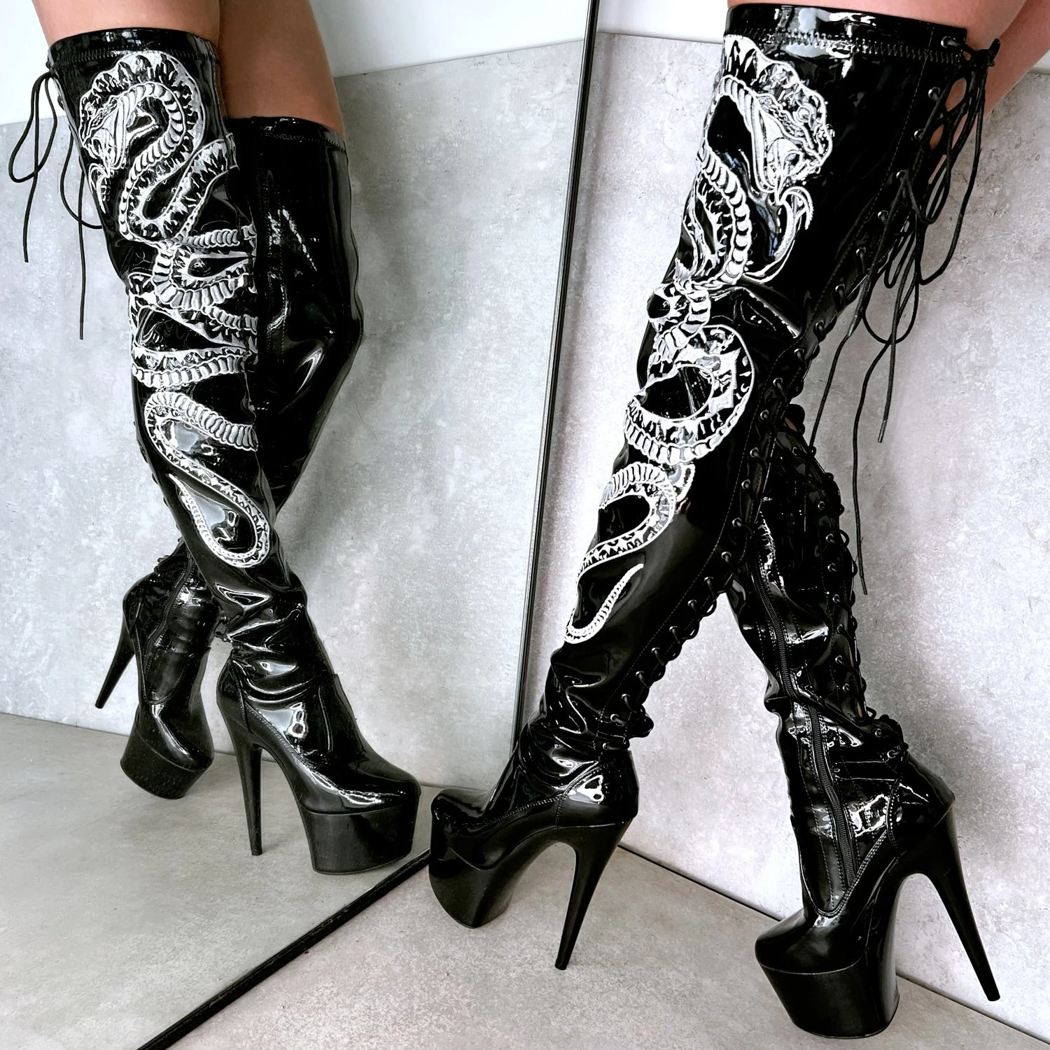 Viper Boot Black with White Thigh High - 7INCH - Image 5